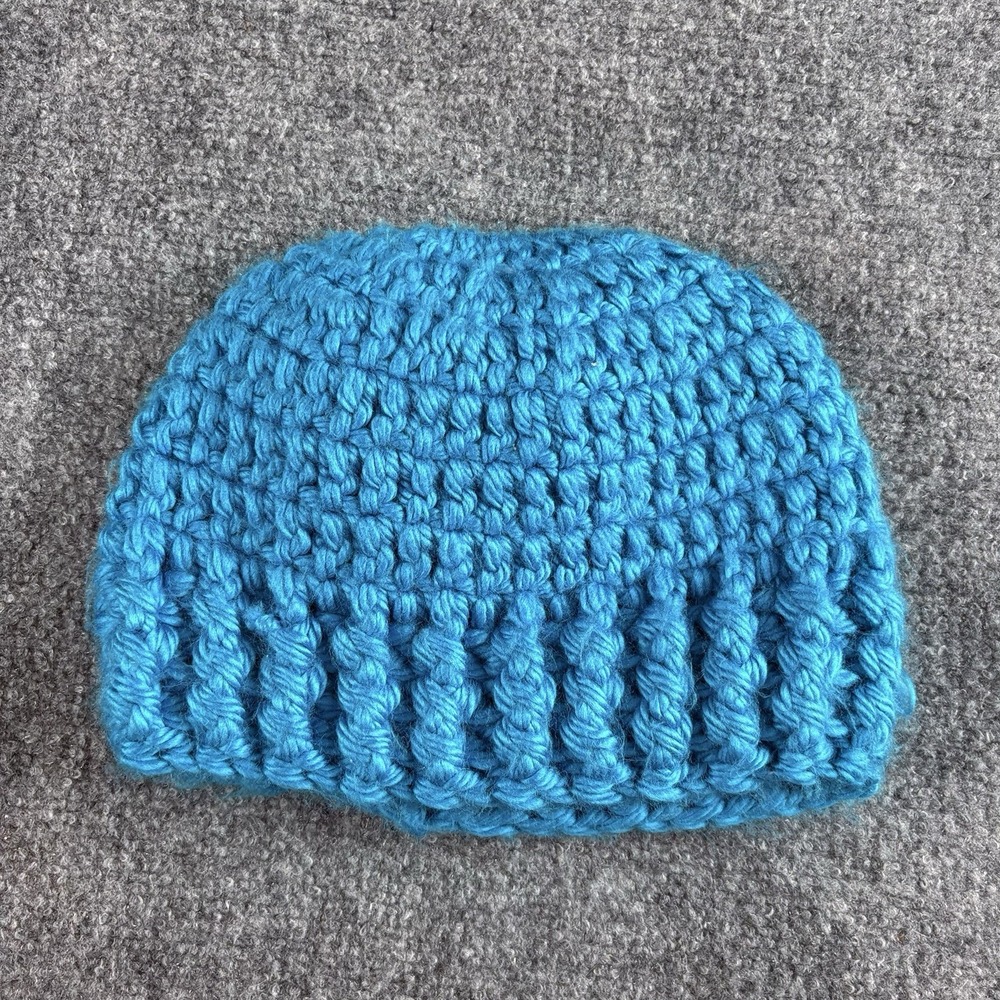 Handmade Crochet Beanie Women OS Teal Messy Bun Ponytail Chunky Boho Cottagecore